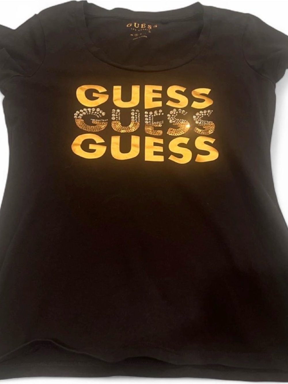 GUESS Black Tee with Gold Logo and Rhinestone Detail